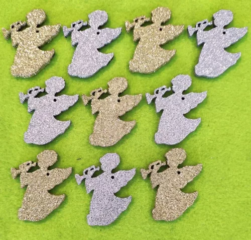Csillámos ,fa alapú HDF(nem tömörfa)   Angyal 10db/csomag	5x4cm vastagság 3mm 