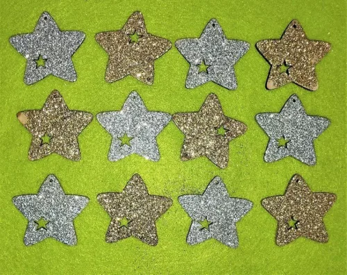 Csillámos ,fa alapú HDF(nem tömörfa)   Díszített csillag	12db/csomag	4,5x4,2cm  