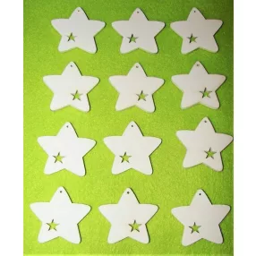   Fehér színű ,fa  alapú HDF(nem tömörfa)  Díszített csillag 12db/csomag	4,5x4,2cm  
