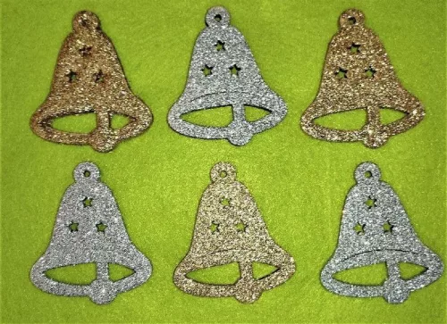 Csillámos ,fa alapú HDF(nem tömörfa)   Harang csillaggal	6db/csomag	7x6cm 