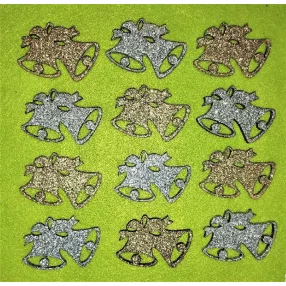    Ezüst és arany Csillámos ,fa alapú HDF(nem tömörfa)   Dupla harang	12 db/csomag	4x5cm