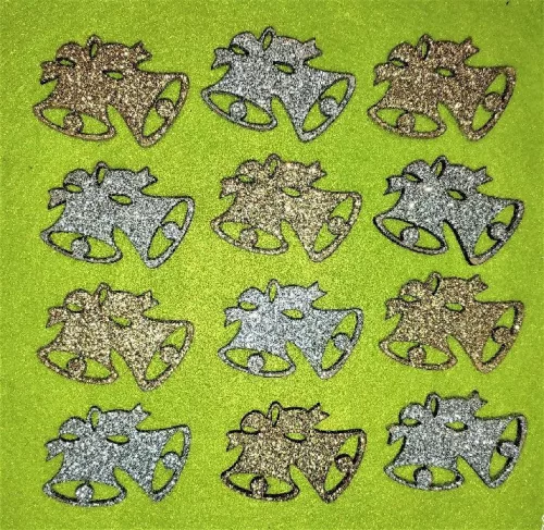  Ezüst és arany Csillámos ,fa alapú HDF(nem tömörfa)   Dupla harang	12 db/csomag	4x5cm