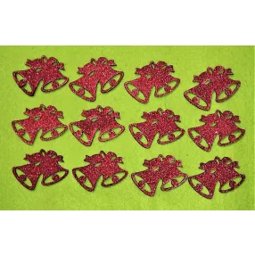   Csillámos Piros színű , fa alapú HDF(nem tömörfa)   Dupla harang	12 db/csomag	4x5cm 