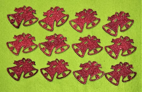 Csillámos Piros színű , fa alapú HDF(nem tömörfa)   Dupla harang	12 db/csomag	4x5cm 