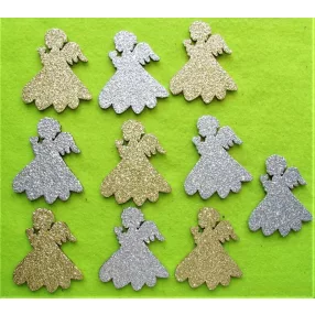   Ezüst és arany Csillámos ,fa alapú HDF(nem tömörfa)   Angyalka szível 	10db/csomag	5x6cm 