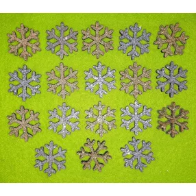     Arany és Ezüst csillámos   fa alapú HDF(nem tömörfa)    hópihe	 18db/csomag	2,5x3cm  