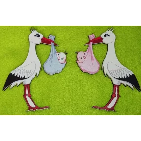   Nyomtatott fa Gólya Fiú és lány babával 	2db /csomag	 10x12 cm 