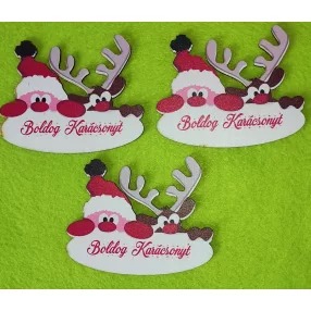   Nyomtatott fa Bolgog karcsonyt felirattal Rudolf és télapó	3db/ csomag 	9x7cm 
