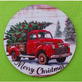   Nyomtatott Fa koszorú közép Piros autó Merry christmas felirattal 	1db	11,8cm