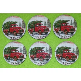   Nyomtatott Fa Kicsi kerek  Piros autó Merry christmas felirattal 	6db/csomag	5cm 