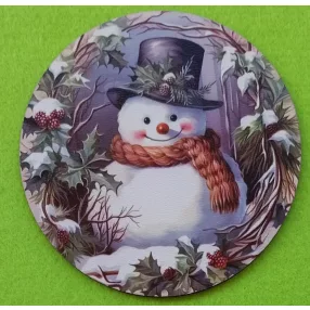   Nyomtatott Fa koszorú közép Hóember sállal  	1db	11,8cm 