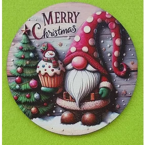   Nyomtatott Fa koszorú közép piros sapkás manó Merry Christmas felirattal 	1db	11,8cm 