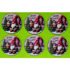   Nyomtatott Fa Kicsi kerek piros sapkás manó Merry Christmas felirattal 	6db/csomag	5cm 