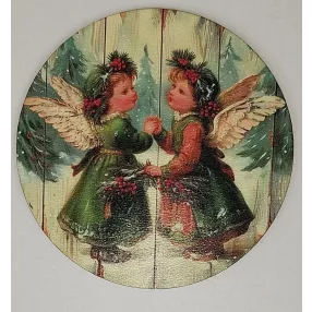   Nyomtatott fa Kopogtató közép Zöld ruhás angyal pár 	1db	11,8cm 