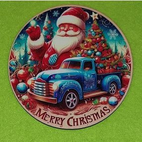    Nyomtatott fa Kopogtató közép Télapó kék autóval Merry Christmas felirattal	1db	11,8cm 