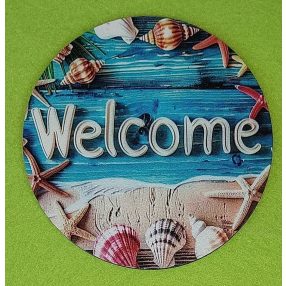    Nyomtatott fa Kopogtató közép Kagylós tengerparti háttér welcome felirattal	1db	11,8cm 