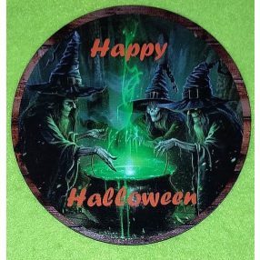    Nyomtatott fa Kopogtató közép 3db boszorkány üst mellett   Happy Halloween felirattal 	1db	11,8cm 