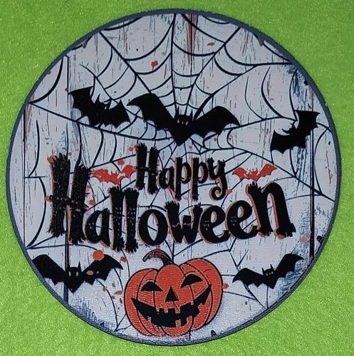  Nyomtatott fa Kopogtató közép Pókhálós háttér denevérekkel  Happy Halloween  felirattal 	1db	11,8cm 