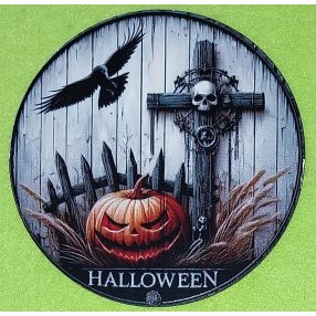   Nyomtatott fa Kopogtató közép   Halálfejes kereszt Halloween  felirattal 	1db	11,8cm 