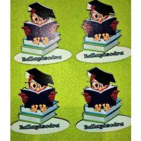   Nyomtatott fa Bagoly könyveken ülve Ballagásodra   Felirattal	4db/csomag	8x7cm 