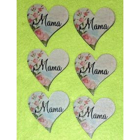    5,5x5,5 cm Nyomtatott fa Rusztikus   francia szív   rózsaszín rózsával Mama felirattal 	6db/csomag	 
