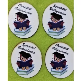   Ovális Nyomtatott fa Könyveken ülő sapkás bagollyal Szeretettel Ballagásodra  felirattal