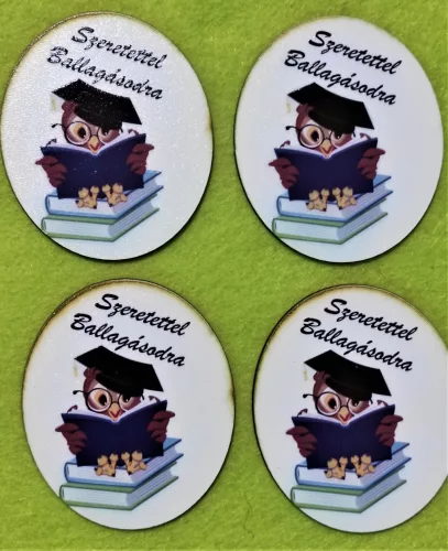 Ovális Nyomtatott fa Könyveken ülő sapkás bagollyal Szeretettel Ballagásodra  felirattal