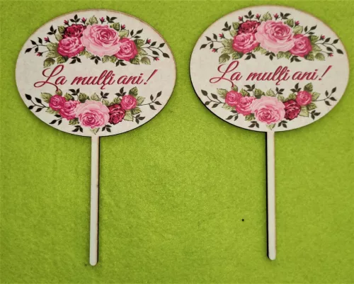 Nyomtatott fa   Beszúrós ovális  rózsás    La multi ani!	2db/ csomag 	10x16cm 