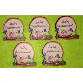   Nyomtatott  Farönk  Pillangós Boldog Születésnapot ! Felirattal 	5db/csomag	6x6cm 