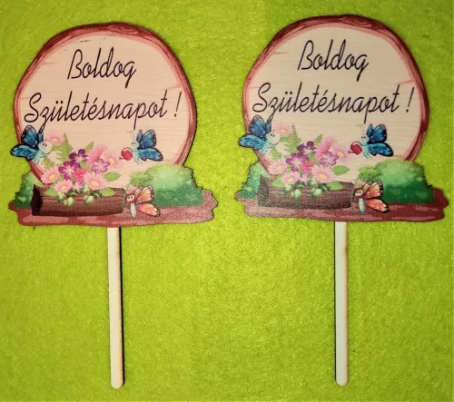 Nyomtatott Beszúrós  Farönk  Pillangós Boldog Születésnapot  ! felirattal 	2db/ csomag 	17x10cm 