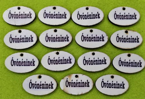 Nyomtatott Fa  ovális tábla  Óvónéninek Felirattal 	 15db/ csomag	4x2,5cm 