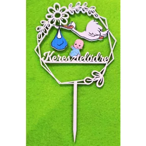   Nyomtatott fa   Beszúrós Fiús  beszúrós dísz Keresztelődre  felirattal	1db	10x17cm 