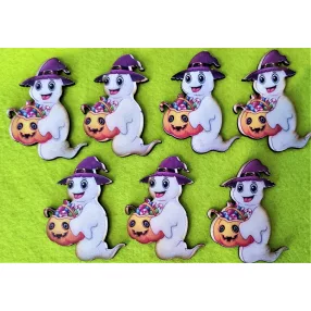   Nyomtatott fa Vidám szellem halloween tök kosárral 	7db/csomag	5x6,5cm 