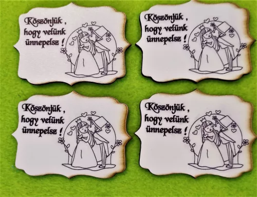 Nyomtatott ,fa alapú HDF(nem tömörfa)    Köszönjük hogy velünk	4db/csomag	8x5,8cm 