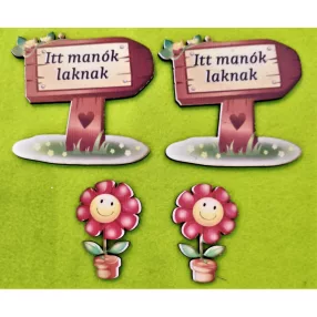   Nyomtatott fa Tábla Itt manók laknak felirattal és virággal 	2szett	9x8,5-4x6cm