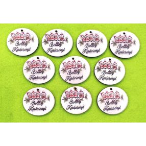    Nyomtatott fa Kis madárkák télapó sapkában  Boldog Karácsonyt felirattal	10db/csomag	5x4,5cm 