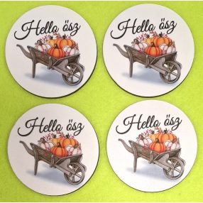    Nyomtatott  kerek tábla talicskában tökök Hello ősz felirattal.	4db/csomag	7cm 