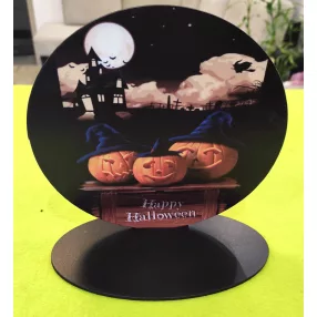   Nyomtatott fa   Talpas Szellem bilincsel Fekete háttér Happy Halloween felirattal	1 szett	18x17cm 