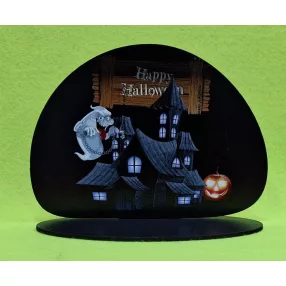   Nyomtatott ,fa alapú HDF(nem tömörfa) ,Talpas  tábla Happy halloween 3db tökkel 	1 szett	19x14cm 