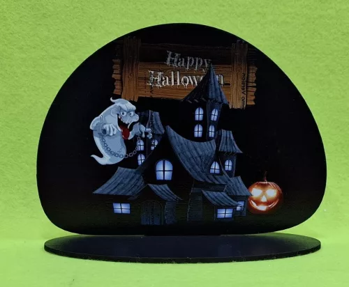  Nyomtatott ,fa alapú HDF(nem tömörfa) ,Talpas  tábla Happy halloween 3db tökkel 	1 szett	19x14cm 