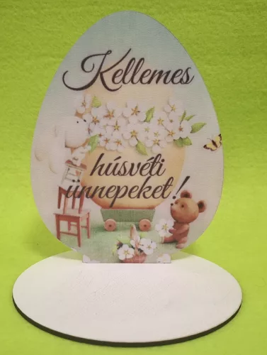  Nyomtatott fa  Talpas Tojás ,Nyuszi és maci tojást díszít  Kellemes húsvéti ünnepeket!	1 szett	12x16cm, talp 13x10cm