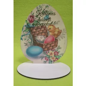   Nyomtatott fa  Talpas Tojás ,Kis  csibe kosárral   Kellemes húsvéti ünnepeket!	1 szett	12x16cm, talp 13x10cm 