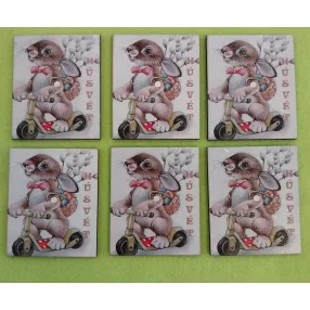    Nyomtatott fa Téglalap Nyuszi rollerrel húsvét felirattal 	6db/csomag	5x6cm  