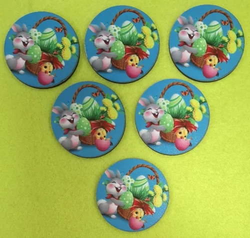 Nyomtatott fa Kör nyuszi tojás kosárral 	6db/csomag	5cm 