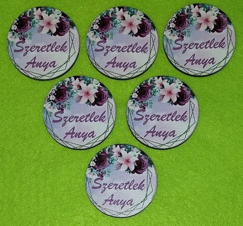  Nyomtatott fa Kör Lila virágos Szeretlek Anya felirattal	6db/csomag	5cm  