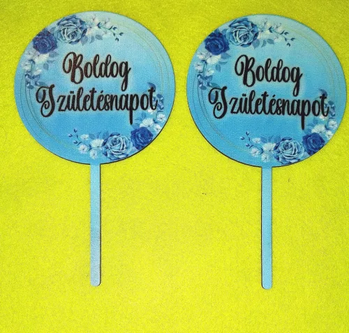 Nyomtatott ,fa alapú HDF(nem tömörfa)    Beszúrós Kék rózsás Boldog születésnapot  felirattal	2db/csomag	10x17cm  