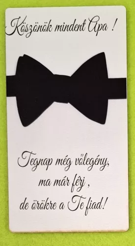 Nyomtatott ,fa alapú HDF(nem tömörfa)    Téglalap   tábla Köszönök mindent apa. Vőlegény   ….	1db	14x7,5cm  
