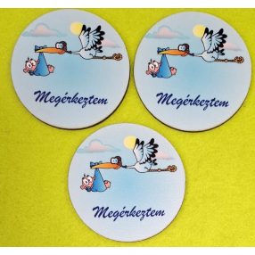    Nyomtatott fa kör tábla Gólya kék babával megérkeztem  felirattal 	3db/ csomag 	7cm  