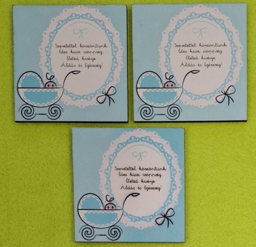  Nyomtatott fa  tábla Kék baba köszöntő	3db/ csomag 	7x7cm  