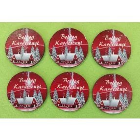   Nyomtatott Fa Közepes  Piros háttérrel  Boldog karácsonyt felirattal 	6db/csomag	5cm 